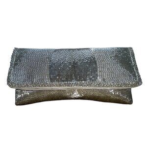 Vintage Silver Beads With Rhinestone Accents & Satin Lining Evening Clutch Purse
